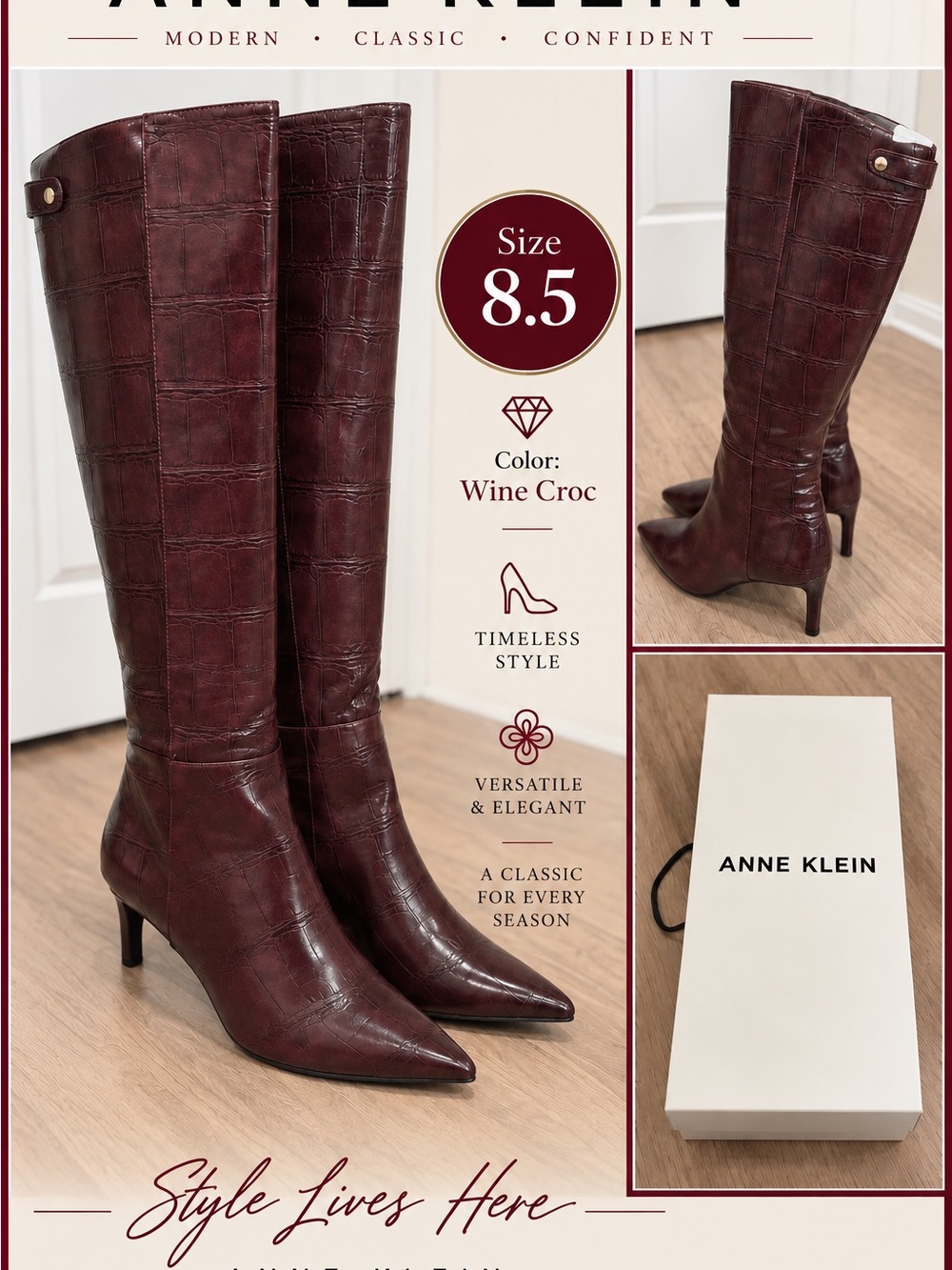 New$139 Anne Klein Women's Akmaruicia Knee High Boot Wine Croc Heel Size 8.5